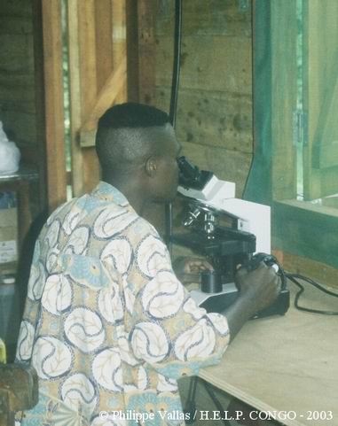 Congolese student using a microscope